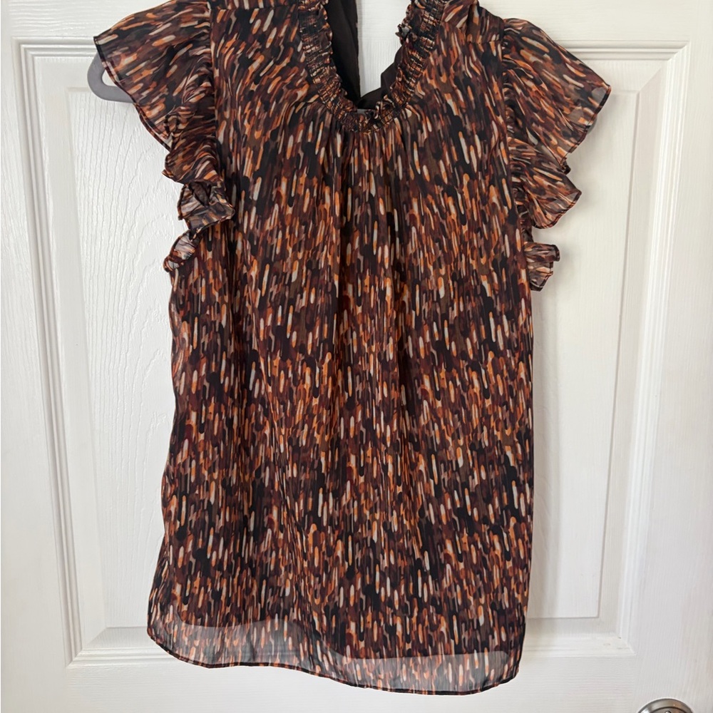 Smocked V-Neck Brown Multi-Print Flutter Sleeve Blouse